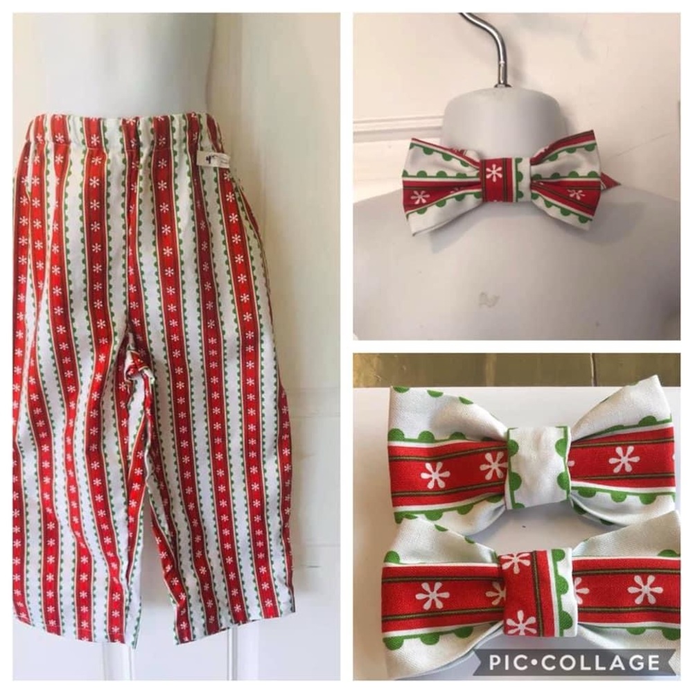 NWOT Unisex size 4 Custom Sewn stripe snowflakes Christmas pants/bows/tie